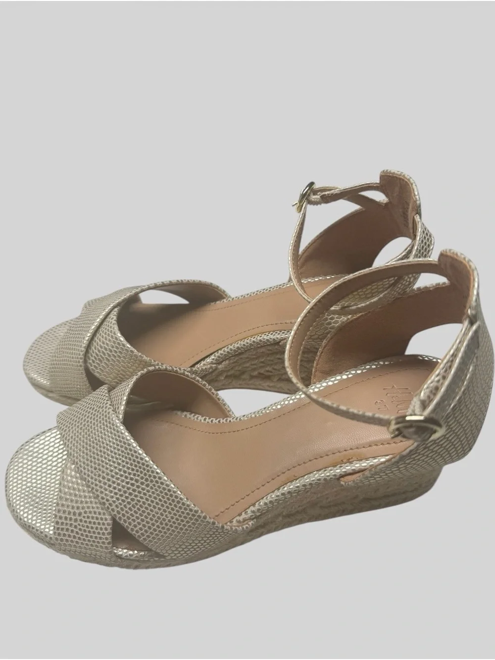 H&M Metallic Gold Wedge Espadrille Sandals with Ankle Strap